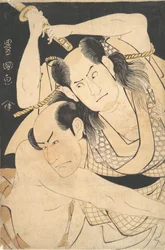 Skådespelarna Sawamura Sojuro III håller svärdet högt, och Arashi Shichigoro III som Fight..., ca. 1798.