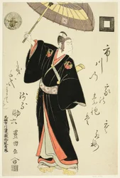 Skådespelaren Ichikawa Danjuro VI som Sukeroku i pjäsen "Omiura Date no Nebiki", uppträdde på Nakamura Theatre den tredje månaden, 1799