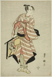 Skådespelaren Sawamura Sojuro III som packhästmannen Muchizo i pjäsen "Miyamairi Musubi no Kamigaki", uppträdde på Kiri Theatre i den elfte månaden, 1797