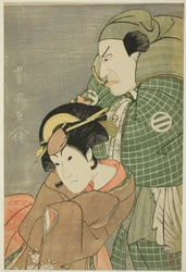 Skådespelarna Kataoka Nizaemon VII som Iyo no Taro och Iwai Hanshiro IV som Kojoro-gitsune från Okazaki i pjäsen "Seiwa Nidai Oyose Genji", uppträdde på Miyako Theatre i elfte månaden, 1796