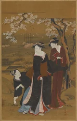 Tre kvinnor under ett blommande körsbärsträd vid havet, 1769-1825.