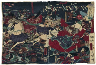 Det stora slaget vid Kawanakajima par Yoshitora, Utagawa (aktivt 1850-1880). Färgträsnitt, storlek: 23x35, ca. 1870, Van Gogh-museet, Amsterdam