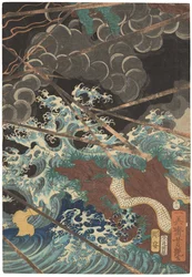 Tametomo homare no jukketsu (Tametomos tio berömda förtjänster), ca 1858 (träsnitt)