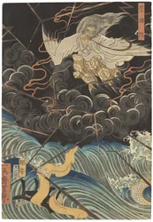 Tametomo homare no jukketsu (Tametomos tio berömda förtjänster), ca 1858 (träsnitt)