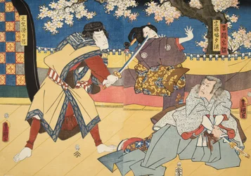 Scen från Genji monogatari (Tale of Genji) av Murasaki Shibuku (f. 978) ca. 1860 (trätryck i färg)