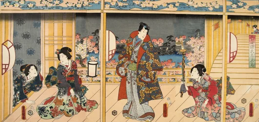 Scen från Genji monogatari (Tale of Genji) av Murasaki Shibuku (f. 978) ca. 1860 (trätryck i färg)