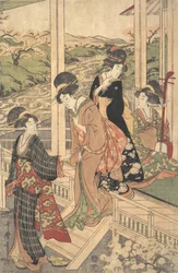 Grupp kvinnor på Engawa i ett hus på landet, under körsbärsblomningens tid,..., ca. 1806.