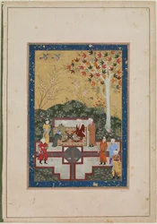Album folio; recto: An Old Woman and Two Sages, Buchara, Uzbekistan, Timurid-perioden, 1510-40 (ogenomskinlig akvarell, bläck och guld på papper)
