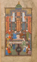 Palatsscen i en Tuhfat al-Ahrar (de frias gåva) Bukhara, Uzbekistan, uzbekisk period, ca 1540 (ogenomskinlig akvarell, bläck och guld på papper)