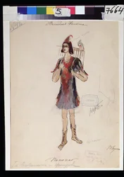 Kostymdesign för operan ""Trollflöjten"" av Wolfgang Amadeus Mozart (1756-1791)(Dräktdesign för operan ""die Zauberflote"" av W A Mozart). Verk av V.Bushina (början av 1800-talet). Akvarell, gouache och guld på papper
