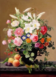 Stilleben med blommor och frukt