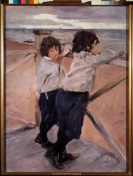 Barn. (Två bröder, på en träponton, framför Östersjön). Målning av Valentin Alexandrovich Serov (1865-1911), olja på duk