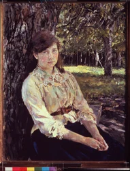 Ung flicka i solljuset. Porträtt av Maria Simonovich. Målning av Valentin Alexandrovich Serov (1865-1911), olja på duk 1888. Rysk konst från 1800-talet, art nouveau, modernism. Statens Tretjakovgalleri, Moskva.