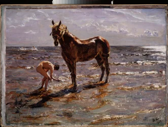 Hästens bad. (Ung naken man plaskar en häst, två andra figurer springer ut till havet). Målning av Valentin Alexandrovich Serov (1865-1911), olja på duk