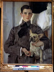 Porträtt av prins Felix Youssoupoff, greve Soumarokov Elston (1887-1967), med en hund. (Porträtt av prins Felix Yusupov, greve Sumarokov Elston, med en hund). Målning av Valentin Alexandrovich Serov (1865-1911), olja på duk