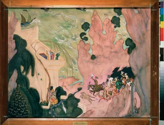 Förberedande ridå för baletten ""Sheherazade"" (Scheherazade) av Nicholas (Nikolai) Rimsky Korsakov (Rimsky-Korsakov) (1844-1908). Verk av Valentin Alexandrovich Serov (1865-1911), akvarell och gouache på papper