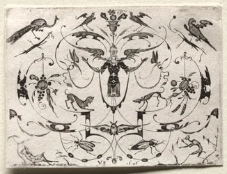 Arabesk med påfågel, parakit, hundar och insekter, 1626.