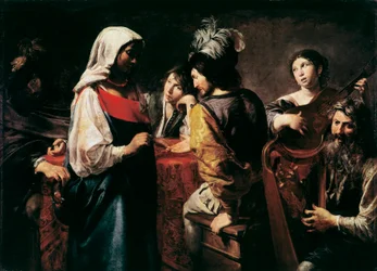 Spåkvinnans målning av Jean Valentin de Boulogne (1594-1632) Mått 125 x 175 cm Paris, Louvren