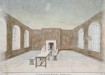 Interiör av det dömda rummet i Newgate Prison, Old Bailey, City of London, 1810