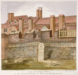 Rester av London Wall på kyrkogården i St Giles utan Cripplegate, City of London, 1825