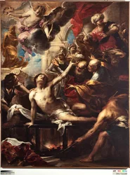 St Lawrences martyrskap på rutnätet Målning av Valerio Castello (1624-1659) Dim 236 x 182 cm Genes, Musei di Strada Nuova (tidigare Palazzo Bianco)