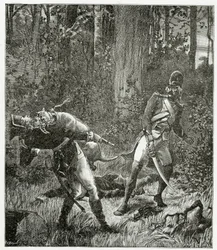 Rask hunden som dödar en engelsk soldat - illustration från Bug-Jargal, gravyr från 1800-talet f.Kr.