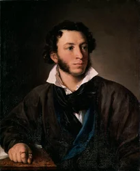 Porträtt av författaren Alexander Pushkin (Porträtt av författaren Alexander Pushkin) - Målning av Vasili Andrejevitj Tropinin (Vassili Tropinin) (1776-1857), olja på duk