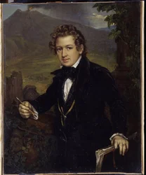 Porträtt av målaren Karl Pavlovich Briullov (Bryullov) (1799-1852). Porträtt av målaren K.P. Briullov). Representerad framför en vulkan håller målaren en mekanisk penna och sin ritbräda. Målning av Vasili Andreyevich Tropinin (Vassili Tropinin) (1