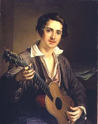 Gitarrspelaren: Porträtt av den virtuos gitarristen Vladimir Ivanovich Morkov (1803-64) 1839 (olja på duk)