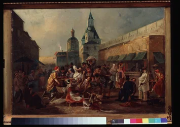 Förfriskningsstånd nära den kinesiska väggen i Moskva. Målning av Vasili Yegorovich Astrakhov (?-efter 1867). Olja på duk, 43 x 57,5 ​​cm