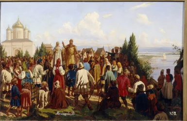 Storprinsen av Novgorod och Kiev, Yaroslav I Vladimirovich, känd som den vise (978-1054), promulgerar den första juridiska koden Russkaya Pravda 1019. (Grand Prince Yaroslav I The Wise promulgerar The First Code Of Law Russkaya Pravda 1019) . Målning av