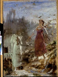 Vårskönhet och Snow Virgin. Komposition inspirerad av Snegourotchka (Snöjungfrun), av Nicolas (Nikolai) Rimsky Korsakov (Rimsky-Korsakov) (Rimsky Korsakov) (Rimsky-Korsakov) (1844-1908). Målning av Vasili