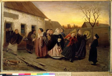 Rysk sed: procession av kvinnor som lämnar ett hus och dansar och sjunger på tröskeln till ett bröllop (Eve-of-the-wedding Party in a Bath House). Målning av Vasili (Vasili) Grigoryevich Perov (1834-1882)