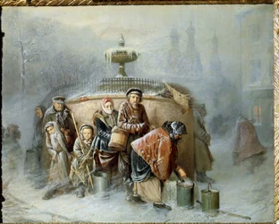 Kön vid fontänen. Mitt i vintern väntar stadens invånare i den kalla vinden och dimman på sin tur att fylla sina hinkar med dricksvatten. (1834-1882)
