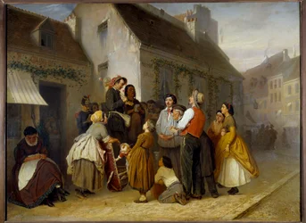 Gatubild i Paris. Förbipasserande stannade framför ett par gatumusikanter: mannen spelar ehru (instrument med två strängar som gnides av en båge) och hans fru sjunger. Målning av Vasili (Vasili) Perov (1833-1882)