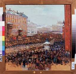 Revolutionär demonstration i Moskva 1917. Avsnitt av den bolsjevikiska proletära revolutionen på gatorna i den ryska huvudstaden. Målning av Vasili Nikitich Meshkov (Vassili Meshkov) (1868-1946), olja
