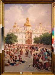 Devant le monastere des Caves a Kiev (Ukraina) (Före grottklostret i Kiev) - Peinture de Vasili Petrovich Vereshchagin (Vassili Verechtchaguine) (1835-1909), huile sur toile