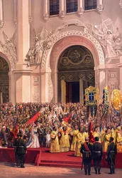 Album över kröningen av tsar Alexander III av Ryssland (1845-1894) och kejsarinnan Maria Fjodorovna (Dagmar av Danmark) (1847-1928) - Kejsarparet lämnar Kristus Frälsarens katedral (Ur Kröningsalbumet)
