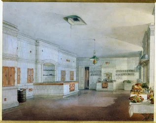 Köket i Yusupov Palace (Moika Palace) i Sankt Petersburg. (Köket i Yusupovpalatset i St. Petersburg). Verk av Vasily Semyonovich Sadovnikov (1800-1879), akvarell på papper. Rysk konst från 1800-talet. Ryska statens museum, Saint Pe