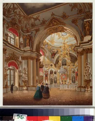 Vinterpalatsets stora kapell i Sankt Petersburg. Verk av Vasily Semyonovich Sadovnikov (1800-1879), akvarell på papper. Rysk konst från 1800-talet. A. Pushkin Memorial Museum, Sankt Petersburg.
