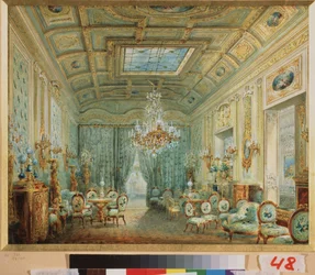 Vardagsrummet med pasteller. Verk av Vasily Semyonovich Sadovnikov (1800-1879), akvarell på papper. Rysk konst från 1800-talet. Ryska statens museum, Sankt Petersburg.