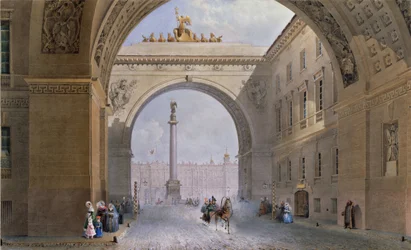 Bågen av generalstabsbyggnaden i Sankt Petersburg. Verk av Vasily Semyonovich Sadovnikov (1800-1879), akvarell på papper, cirka 1830. Rysk konst från 1800-talet. State Hermitage, Sankt Petersburg.