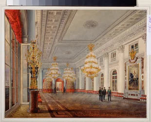 Vinterpalatsets stora sal (eller Nicolas Hall) i Sankt Petersburg. Verk av Vasily Semyonovich Sadovnikov (1800-1879), akvarell på papper