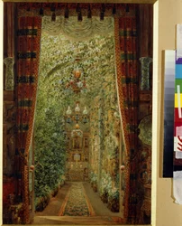 Vinterträdgården av Yusupov Palace (Moika Palace) i Sankt Petersburg. (Vinterträdgården i Yusupovpalatset i St Petersburg). Verk av Vasily Semyonovich Sadovnikov (1800-1879), akvarell på papper