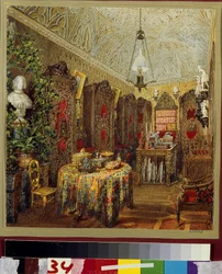 Studien i Yusupov-palatset (Moika-palatset) i Sankt Petersburg. (Studien i Yusupov-palatset i St Petersburg). Verk av Vasily Semyonovich Sadovnikov (1800-1879), akvarell på papper. rysk konst