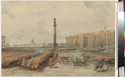 Parad av livgardets hästregemente på Palace Square - Vasily Semyonovich Sadovnikov (1800-1879). Akvarell och vit färg på papper