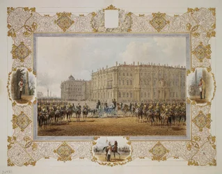 Genomgång av hästväktarregementet framför Vinterpalatset, 1850-talet