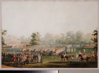 Militärparad på ängen av palatset Elagin i Sankt Petersburg. (Kejsargardets parad). Verk av Vasily Semyonovich Sadovnikov (1800-1879), akvarell på papper