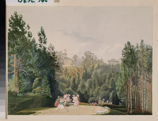 Scen i en park. Verk av Vasily Semyonovich Sadovnikov (1800-1879), akvarell på papper