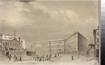 St. Petersburg. Generalstabsbyggnaden på Moikaflodens vallen, av Sadovnikov, Vasily Semyonovich (1800-1879). Akvarell på papper, före 1833. Statens museum för Sankt Petersburgs historia